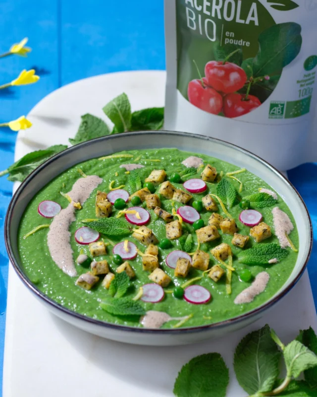 Une petite soupe froide pour finir la journée en douceur... ☁️💚

Les températures commencent à grimper et un bol de fraîcheur ne se refuse pas : une onctueuse soupe froide aux petits pois, pimpée d'un peu de radis, de croûtons, de menthe et de quelques zestes de citron. 🍋

Et pour qu'elle soit saine en plus d'être délicieuse, on y a ajouté un mélange de crème de soja et de notre poudre d'acérola bio. ✨ 

Un mélange parfait pour faire le plein de protéines végétales, de vitamine C, de bons acides gras et d'oméga-3, et qui favorise la digestion, l'énergie et l'immunité. 💪
.
.
.
#debardo #soupe #légumes #légume #foodie #recette #healthy #cuisinehealthy #sain #bio #santé #acerola #énergie #vitamines #oméga3 #yummy
